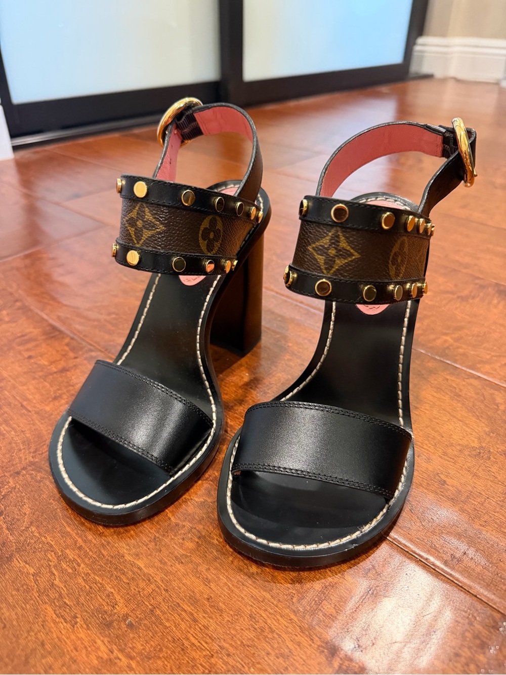 Louis Vuitton Black Leather Block Heel Sandals with Monogram Stud Straps